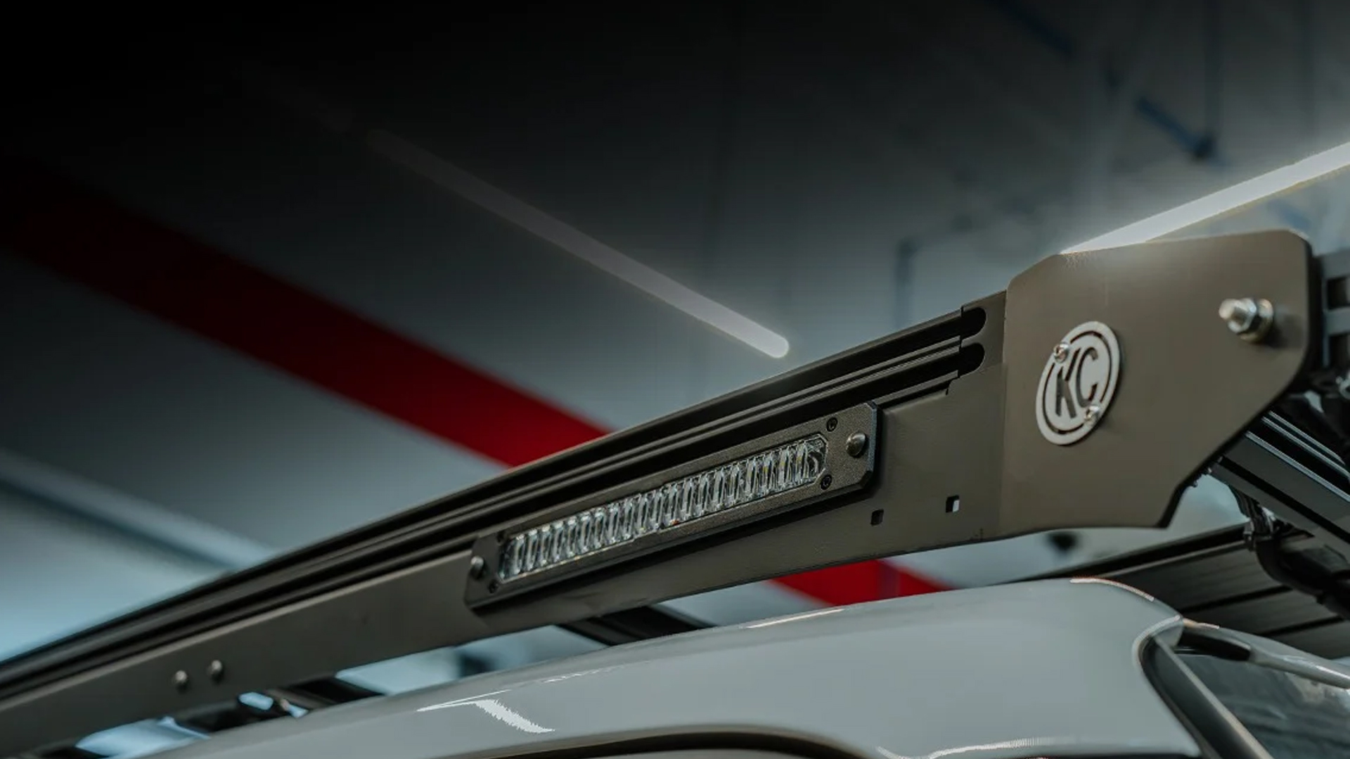 Detail view of KC Hilites Platform One roof rack.