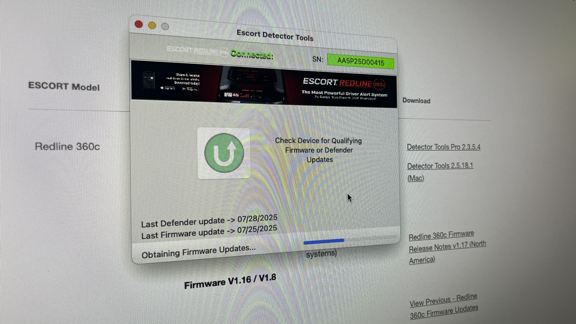 Escort Redline 360c being updated.