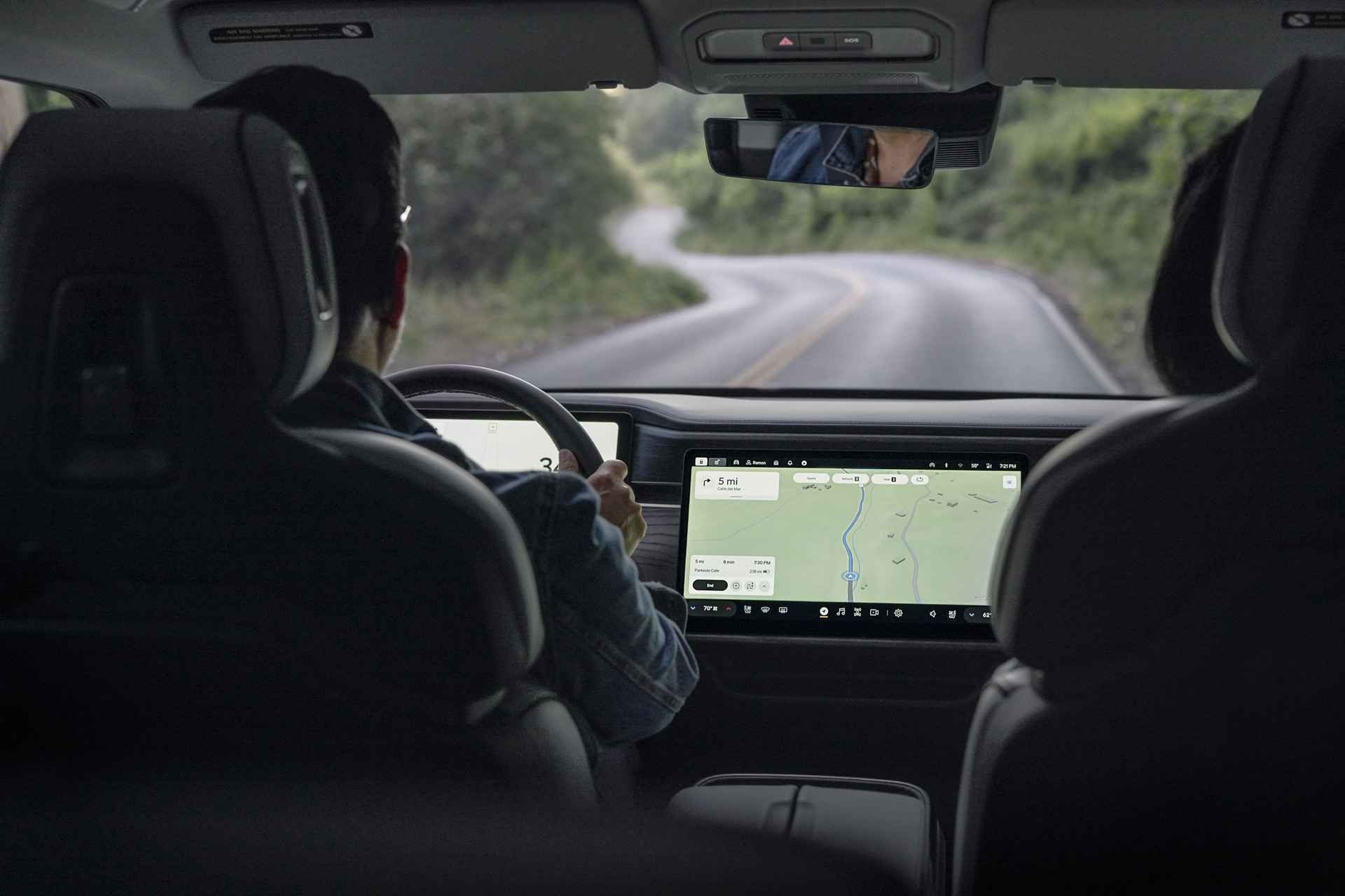 Road ahead of Rivian SUV.