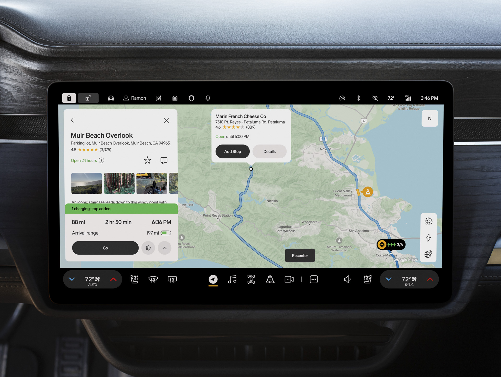 Rivian Navigation with Google Maps screen display.